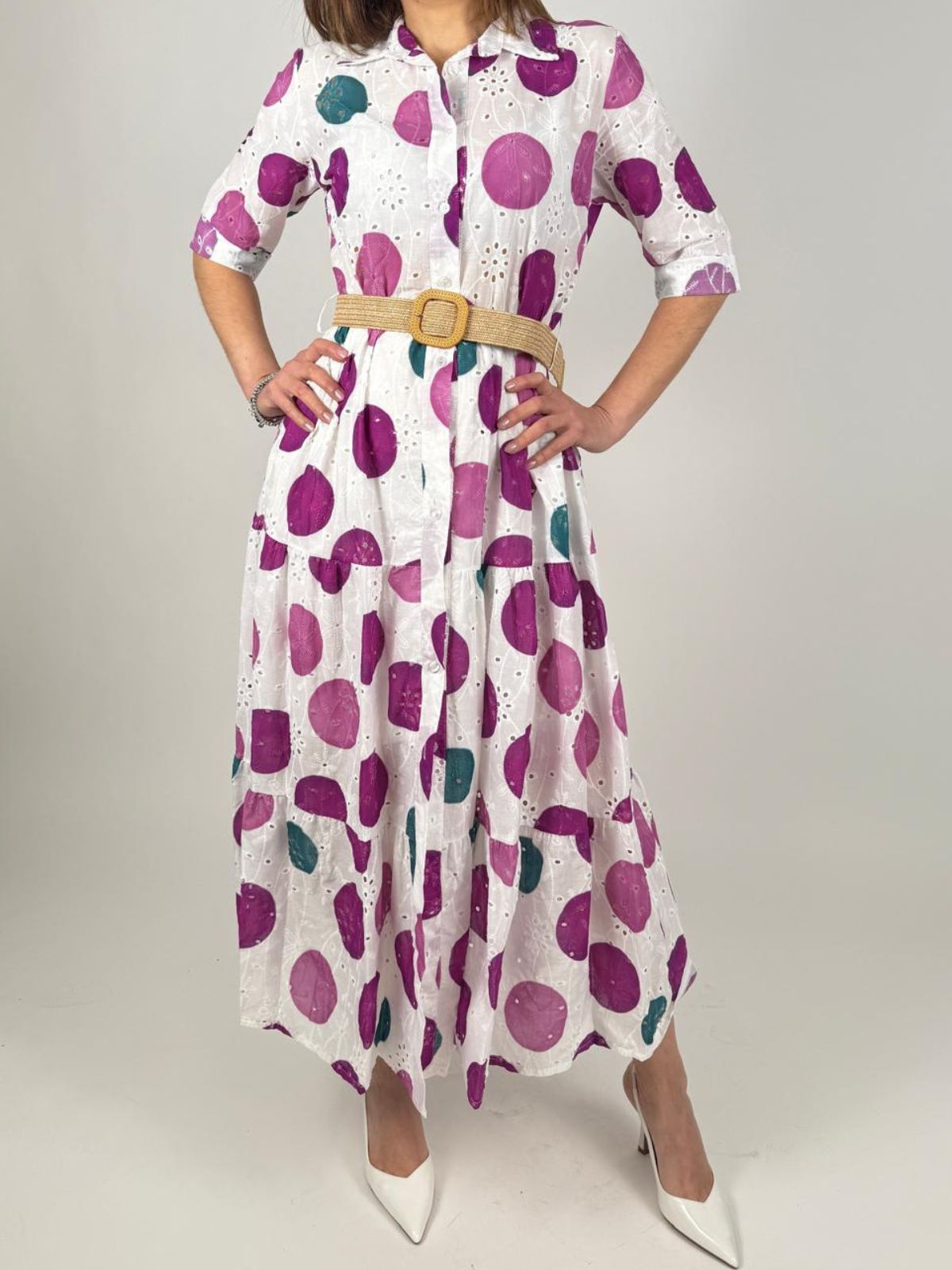 Abito Lungo Sangallo Stampato Pois Cintura Donna - Lolita