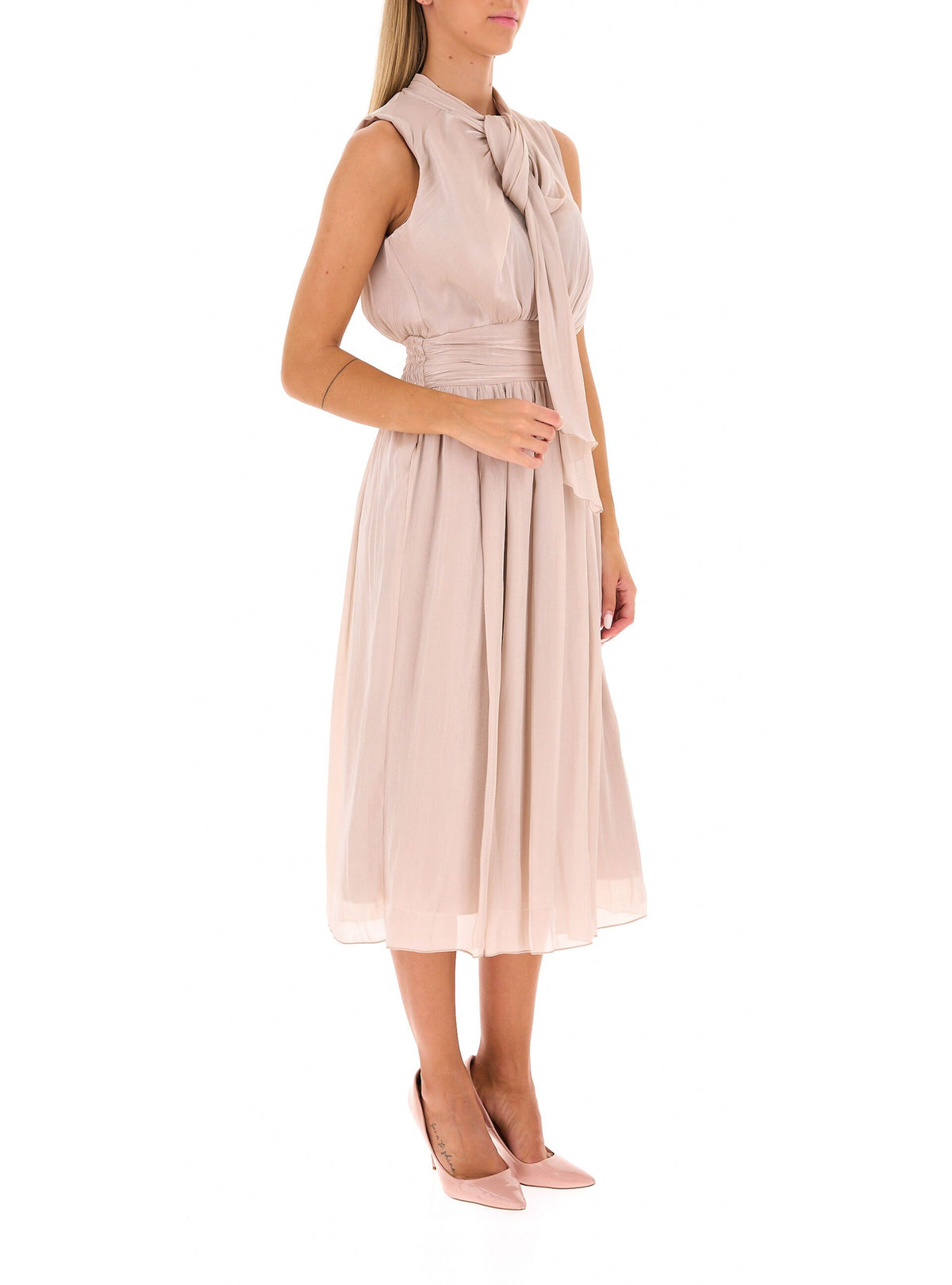 Rinascimento - Abito Midi In Raso Laminato Con Fiocco Ed Elastico In Vita - Donna