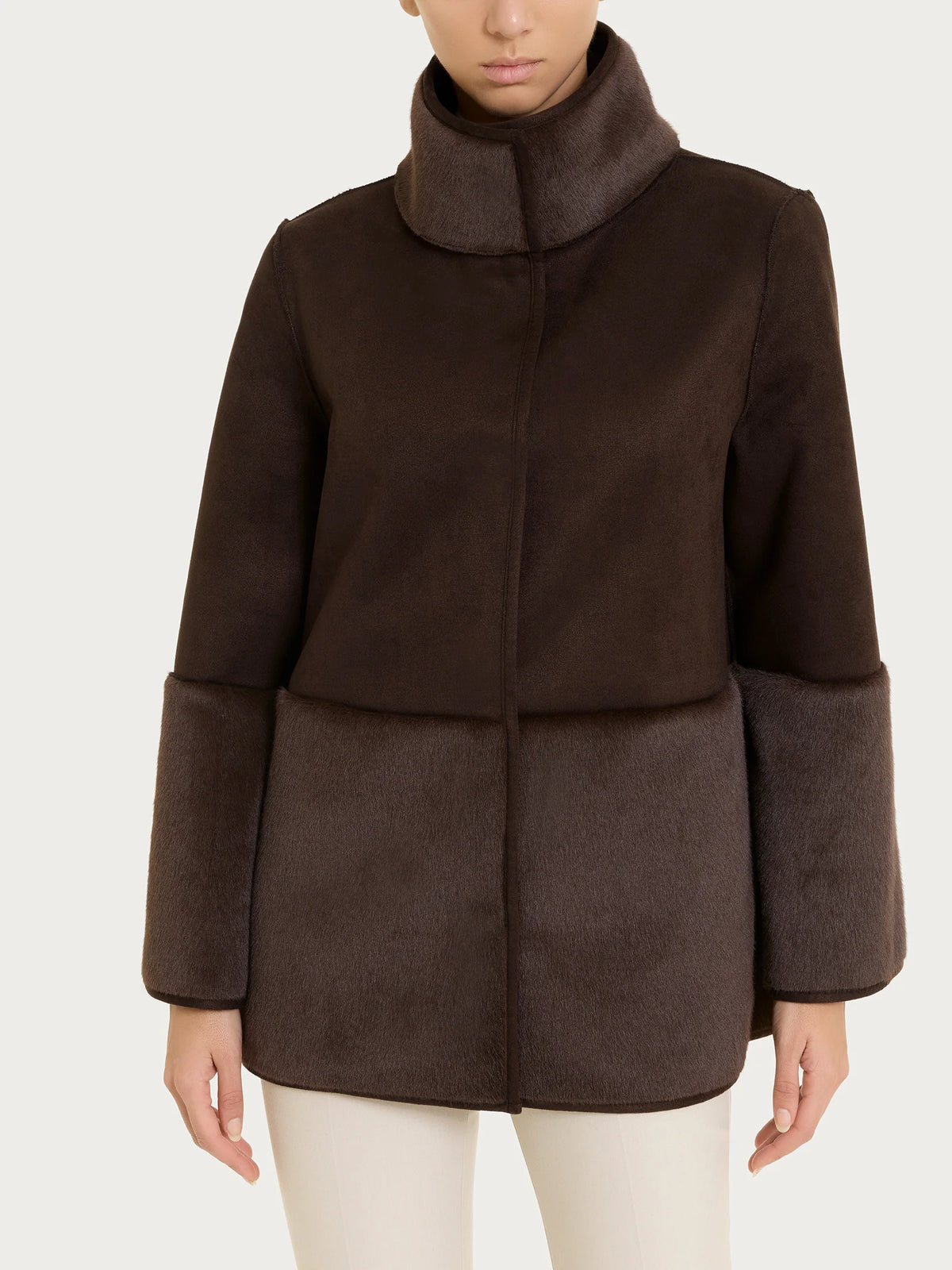 Ragno - Giacca lunga con collo alto double-face in Vegan Shearling - Donna