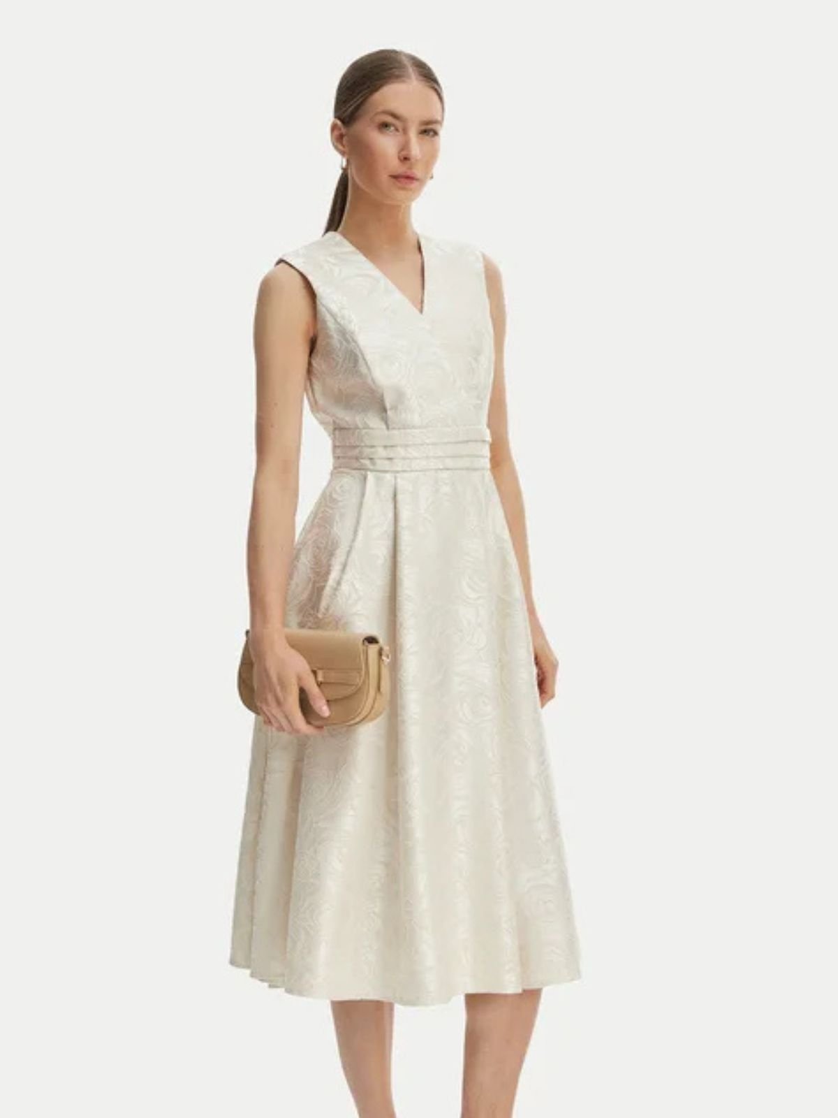 Abito corto in tessuto damascato, scollo a V e gonna a ruota Donna - Rinascimento - World Fashion