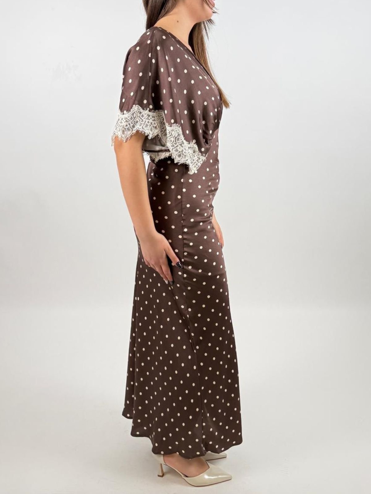 Abito lungo a pois con maniche ampie e pizzo Donna - Imperial - World Fashion