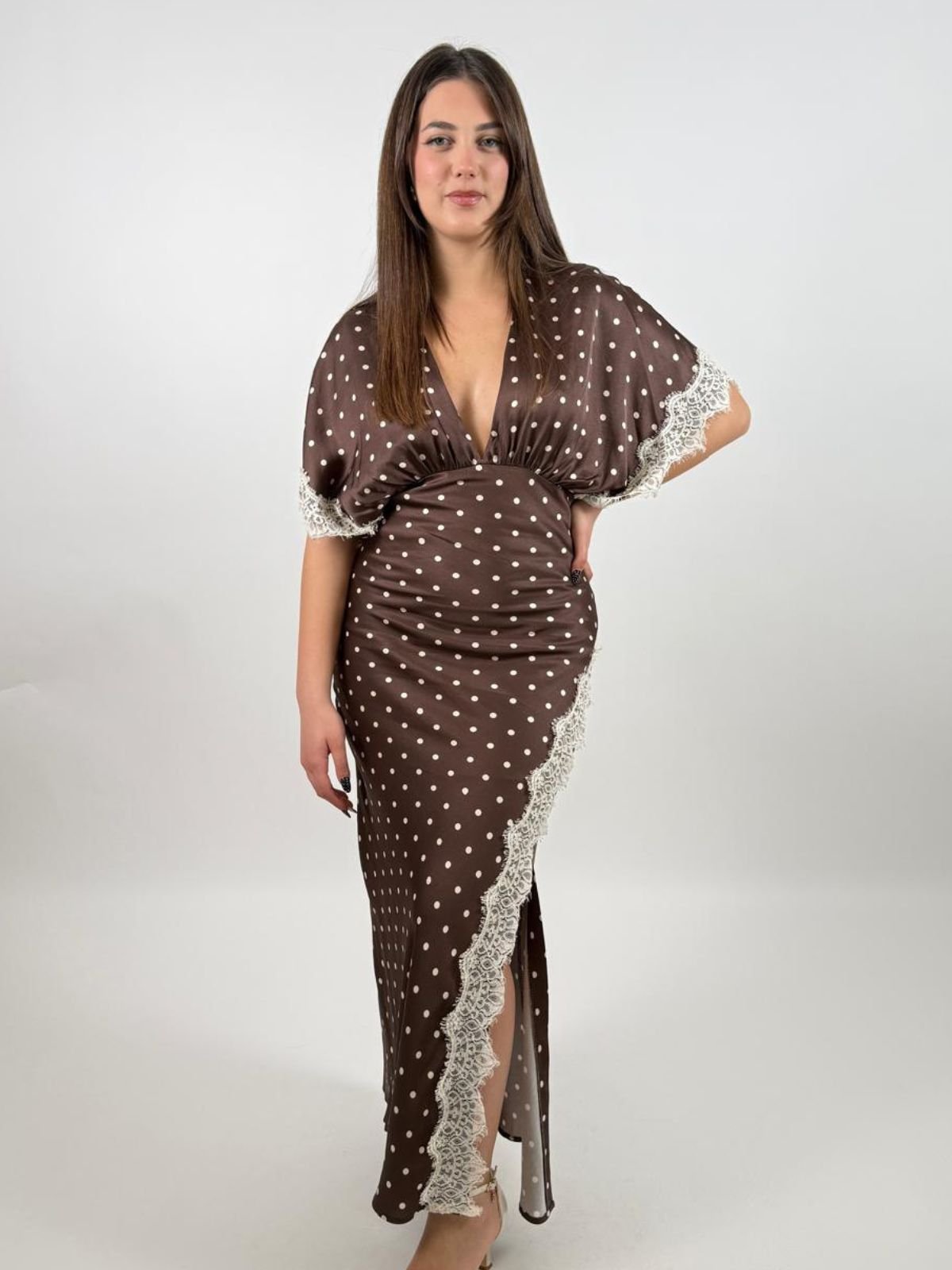 Abito lungo a pois con maniche ampie e pizzo Donna - Imperial - World Fashion