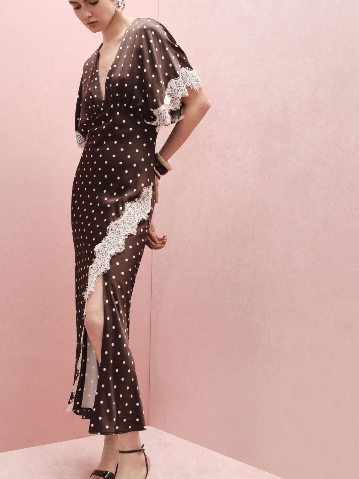 Abito lungo a pois con maniche ampie e pizzo Donna - Imperial - World Fashion