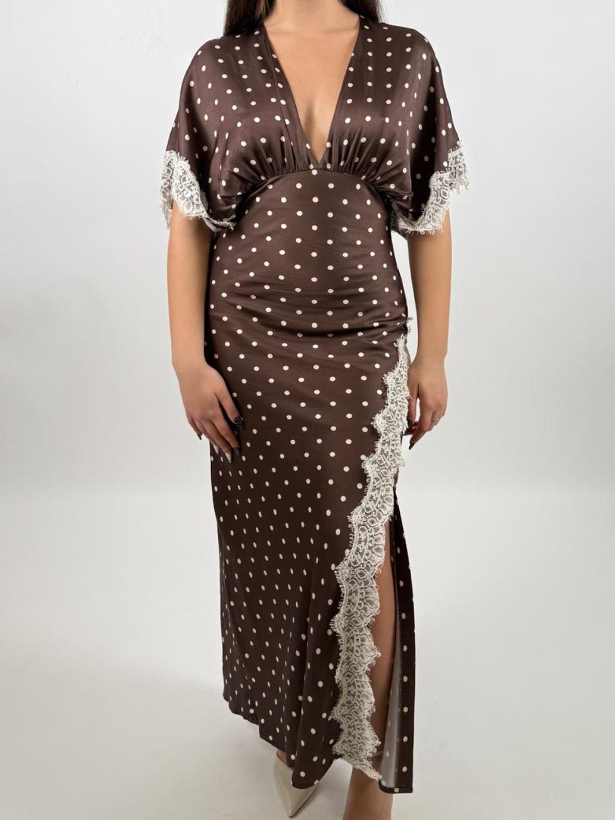 Abito lungo a pois con maniche ampie e pizzo Donna - Imperial - World Fashion