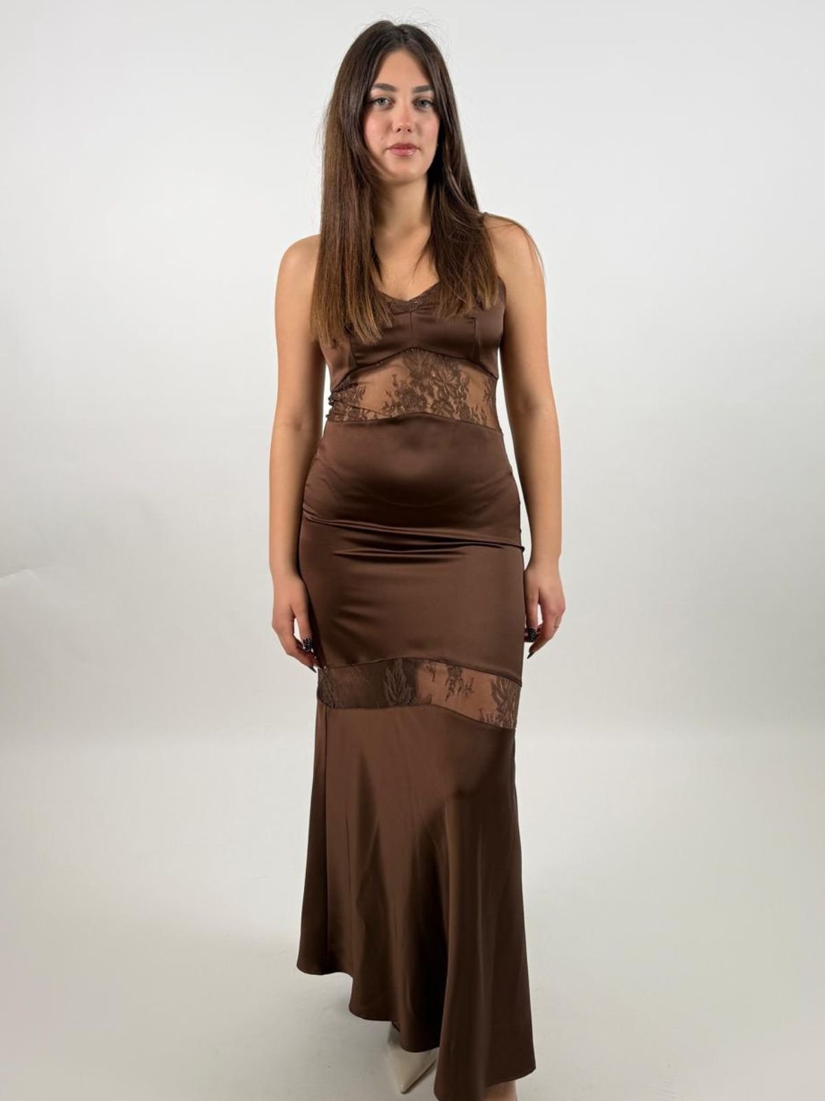 Abito lungo con inserti in pizzo e spalline sottili Donna - Imperial - World Fashion