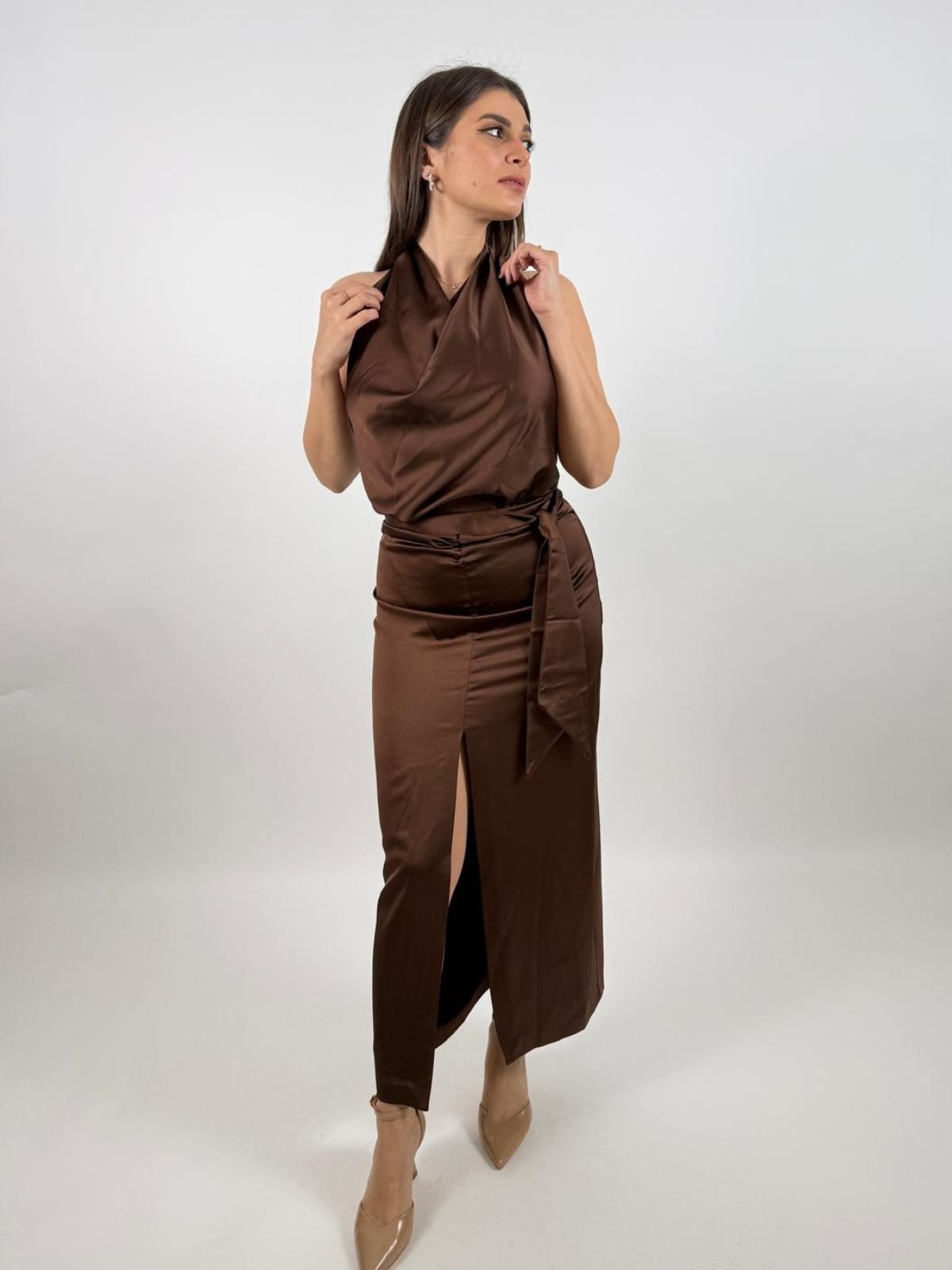 Abito lungo con scollo all'americana e spacco frontale Donna - Imperial - World Fashion