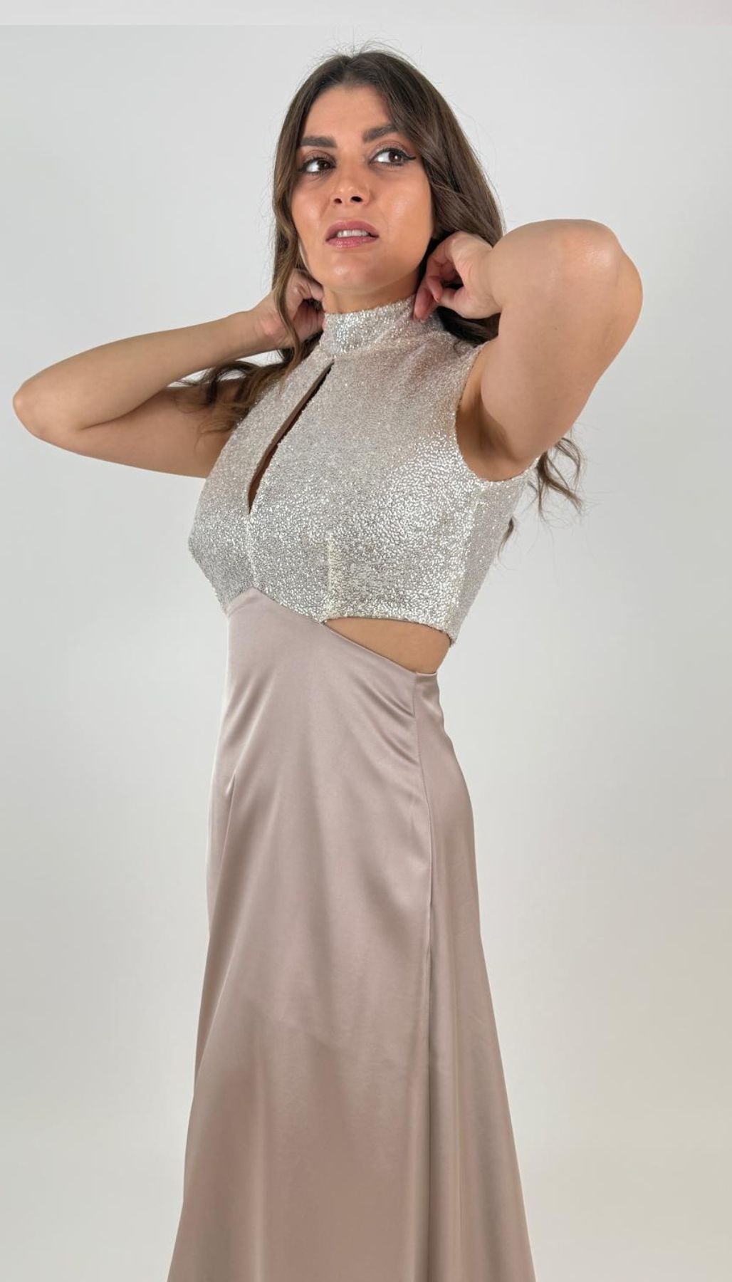 Abito Lungo Paillettes E Raso Donna - Rinascimento - World Fashion