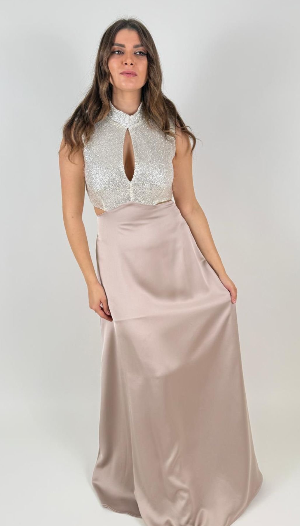 Abito Lungo Paillettes E Raso Donna - Rinascimento - World Fashion