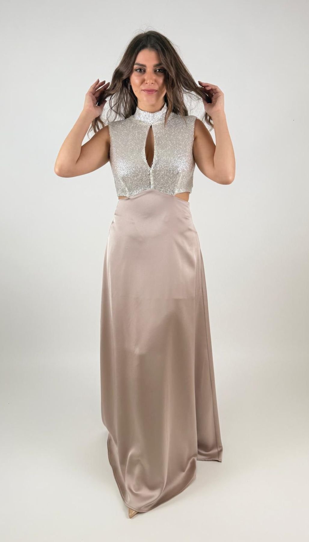 Abito Lungo Paillettes E Raso Donna - Rinascimento - World Fashion