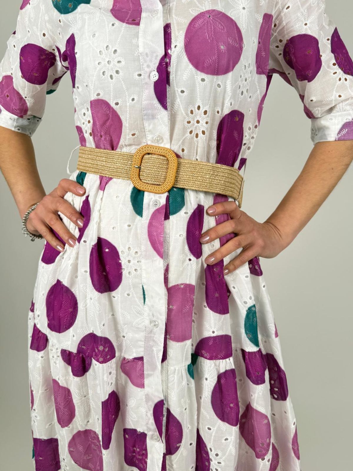 Abito Lungo Sangallo Stampato Pois Cintura Donna - Lolita - World Fashion