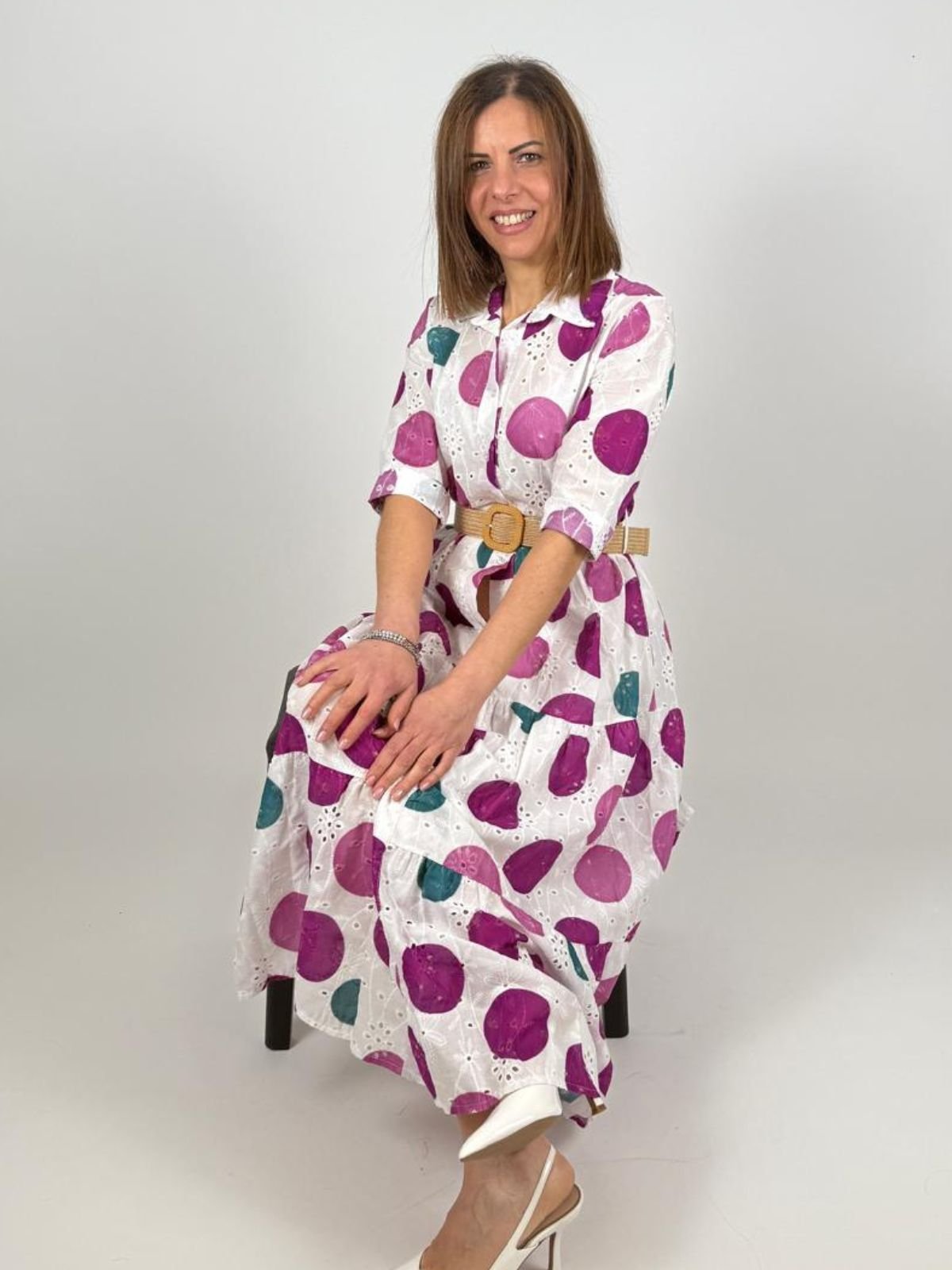 Abito Lungo Sangallo Stampato Pois Cintura Donna - Lolita - World Fashion