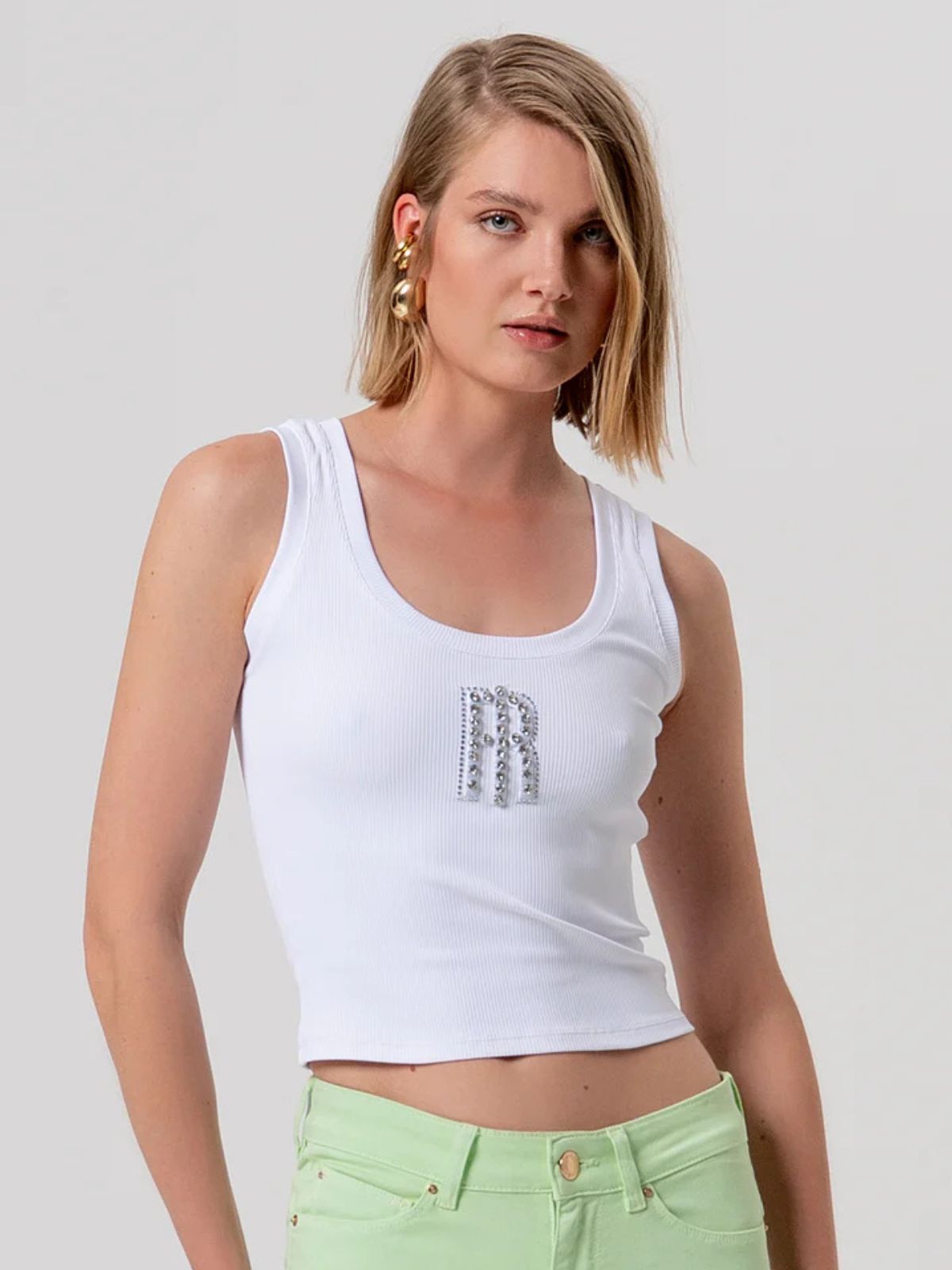 Canotta a Costine con Logo Monogramma in Cristalli Donna - Fracomina - World Fashion