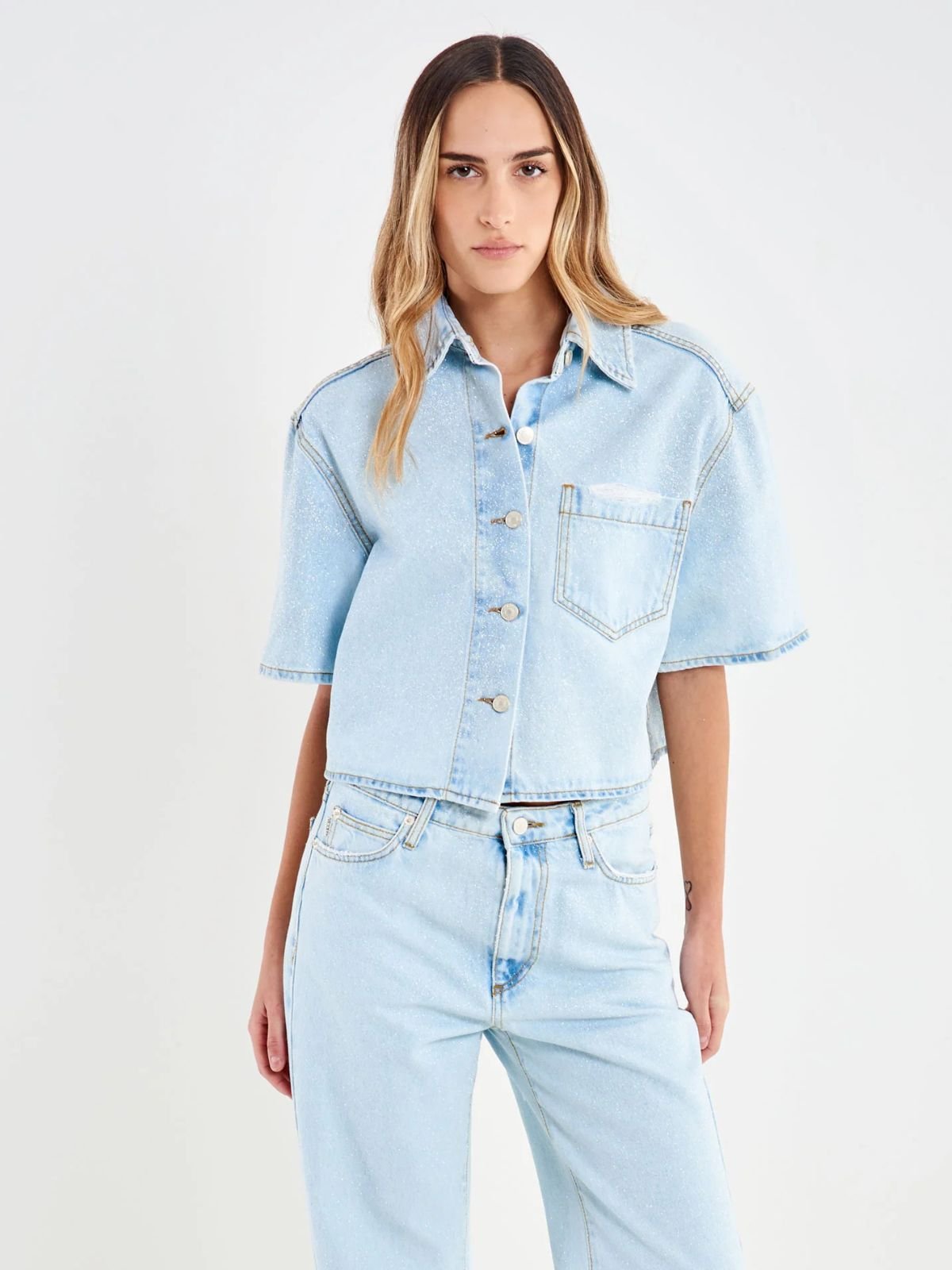 Giacca in Denim Mezza Manica Glitter Donna - Vicolo - World Fashion