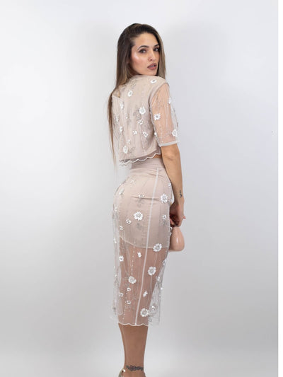 Fracomina - Gonna a tubino slim midi in tulle con fiori e paillettes - Donna