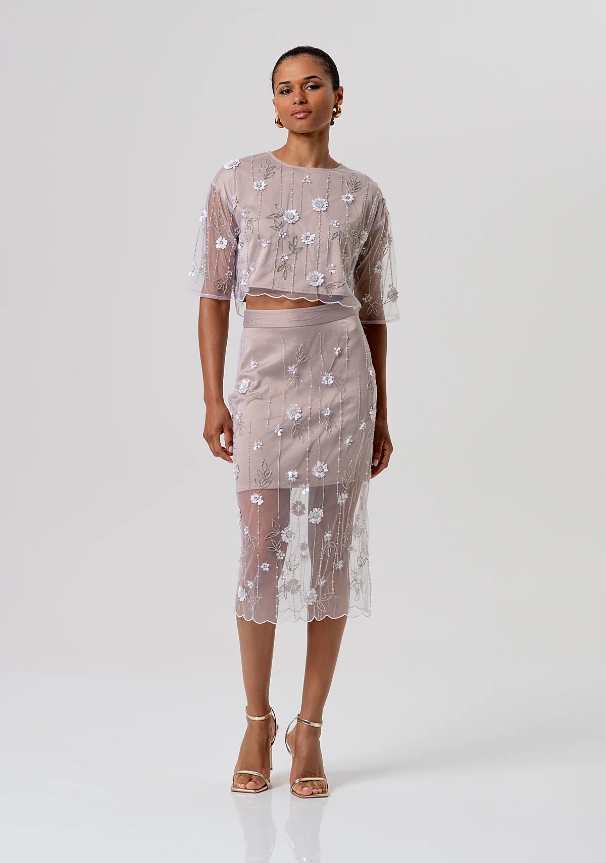 Gonna a tubino slim midi in tulle con fiori e paillettes Donna - Fracomina - World Fashion