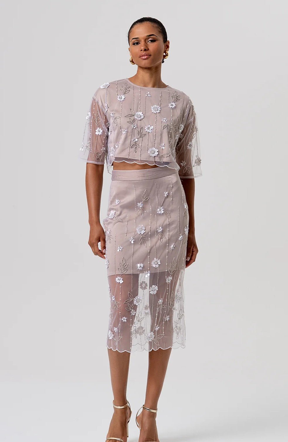 Gonna a tubino slim midi in tulle con fiori e paillettes Donna - Fracomina - World Fashion