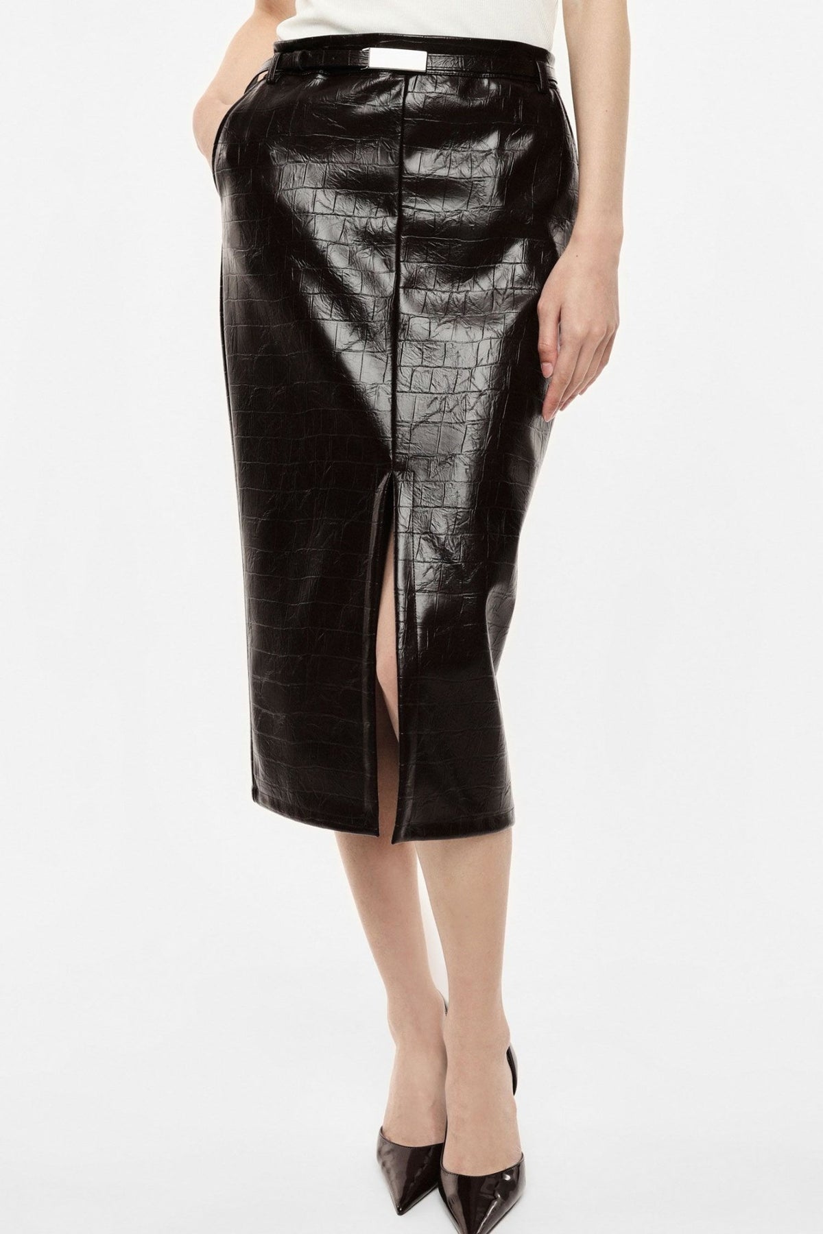 Imperial - Gonna midi a vita alta in similpelle effetto coccodrillo - Donna - World Fashion