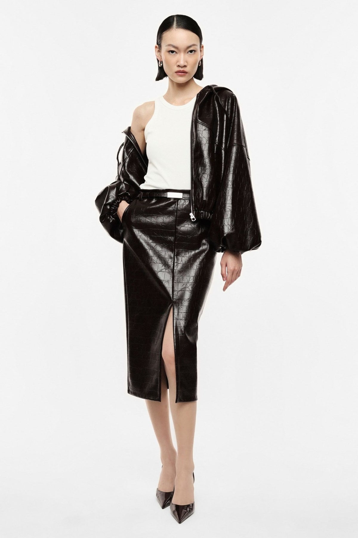 Imperial - Gonna midi a vita alta in similpelle effetto coccodrillo - Donna - World Fashion