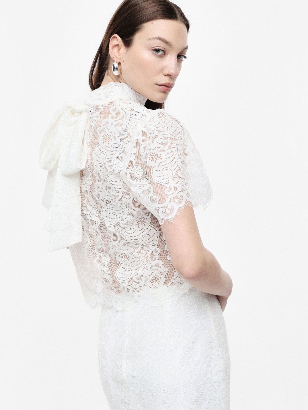 Imperial - Top corto in pizzo con maniche corte e collo alto - Donna - World Fashion