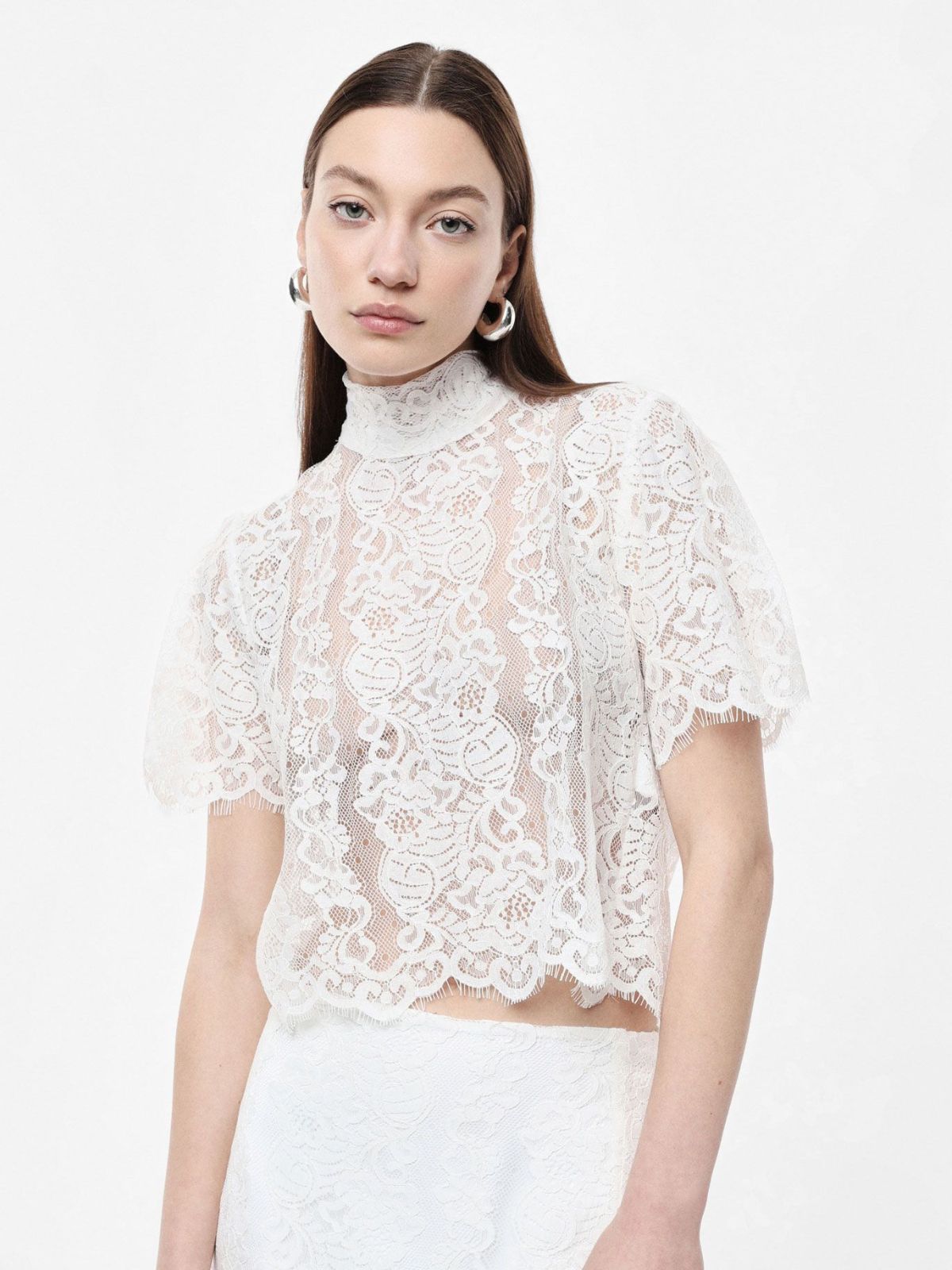 Imperial - Top corto in pizzo con maniche corte e collo alto - Donna - World Fashion