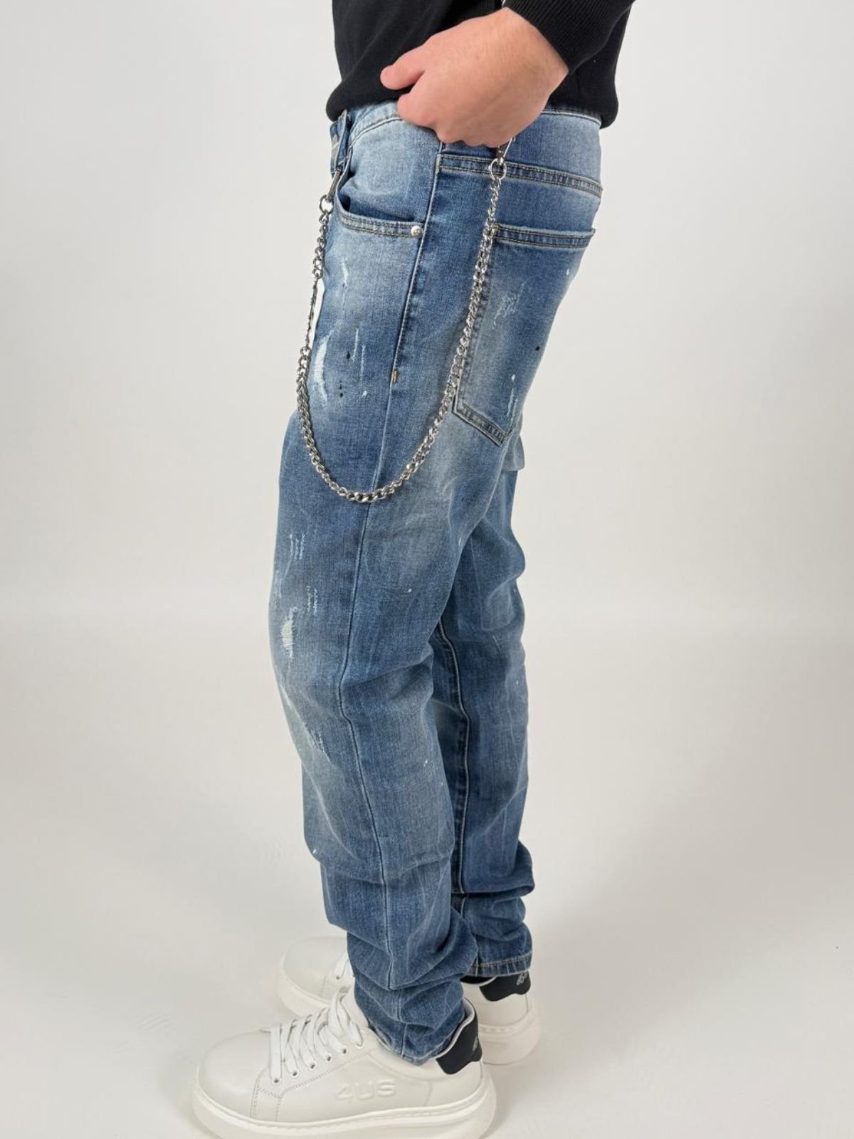 Jeans Denim C/Schizzi C/Logo Piccolo Bianco Uomo - Icon - World Fashion