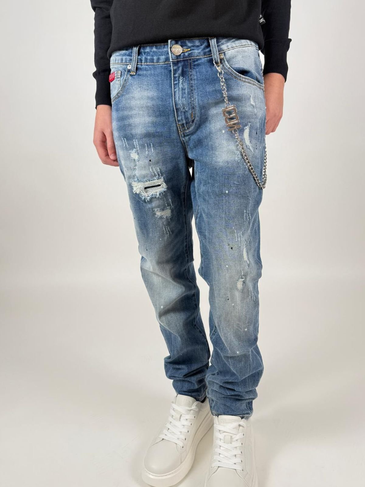 Jeans Denim C/Schizzi C/Logo Piccolo Bianco Uomo - Icon - World Fashion