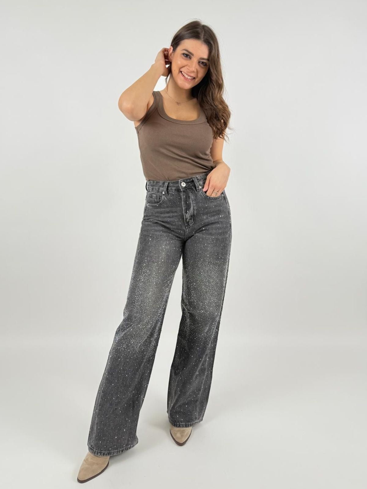 Jeans Stella Wide Leg Con Strass Donna - Gianni Lupo - World Fashion