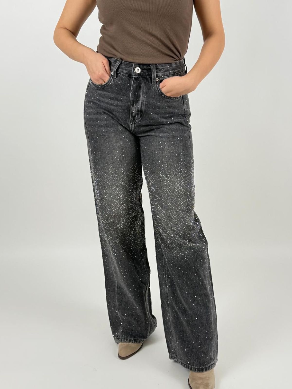 Jeans Stella Wide Leg Con Strass Donna - Gianni Lupo - World Fashion