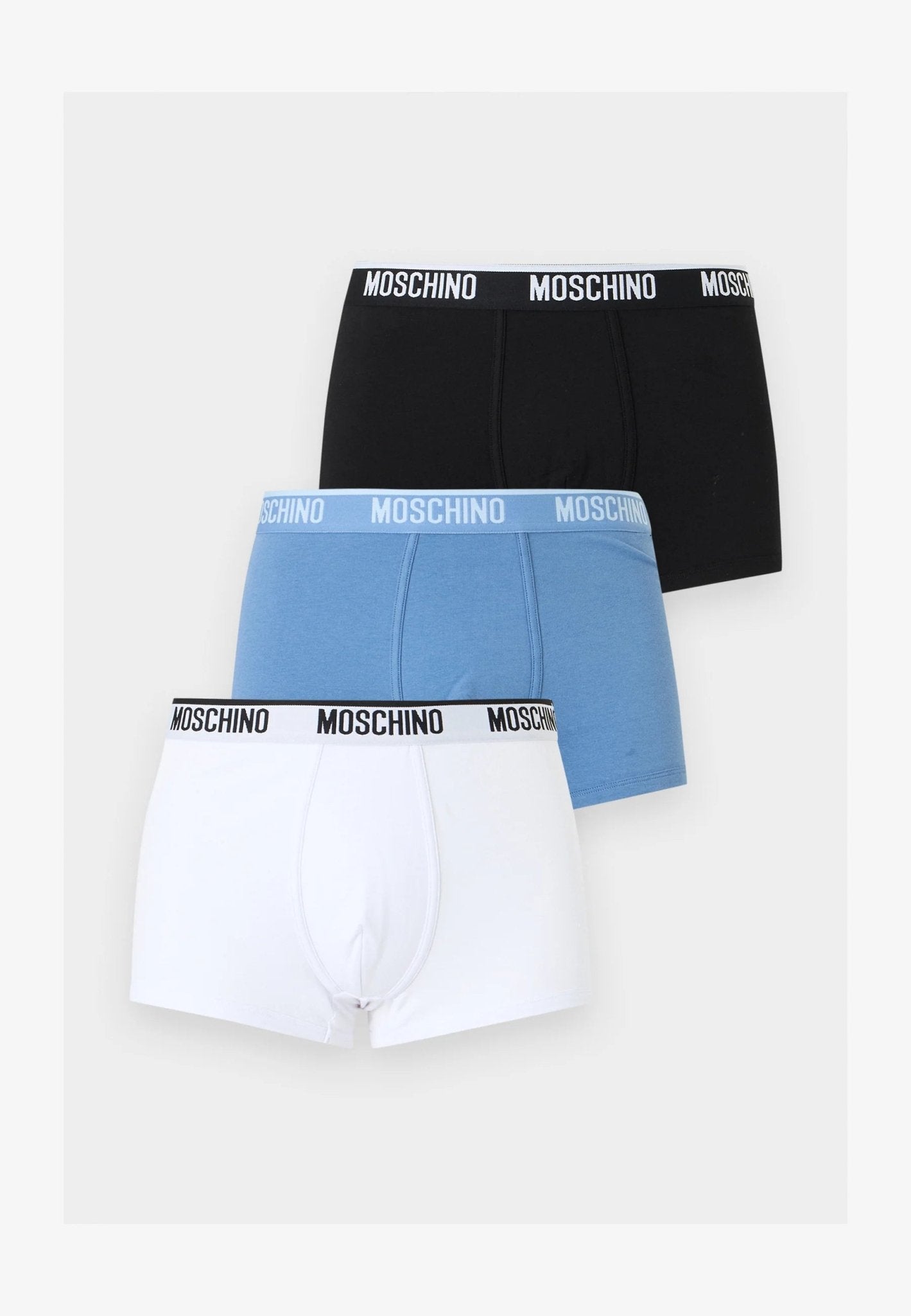 Moschino - Box Moschino con elastico in vita, confezione da 3 pezzi Bianco, nero e azzurro con logo - Uomo - World Fashion