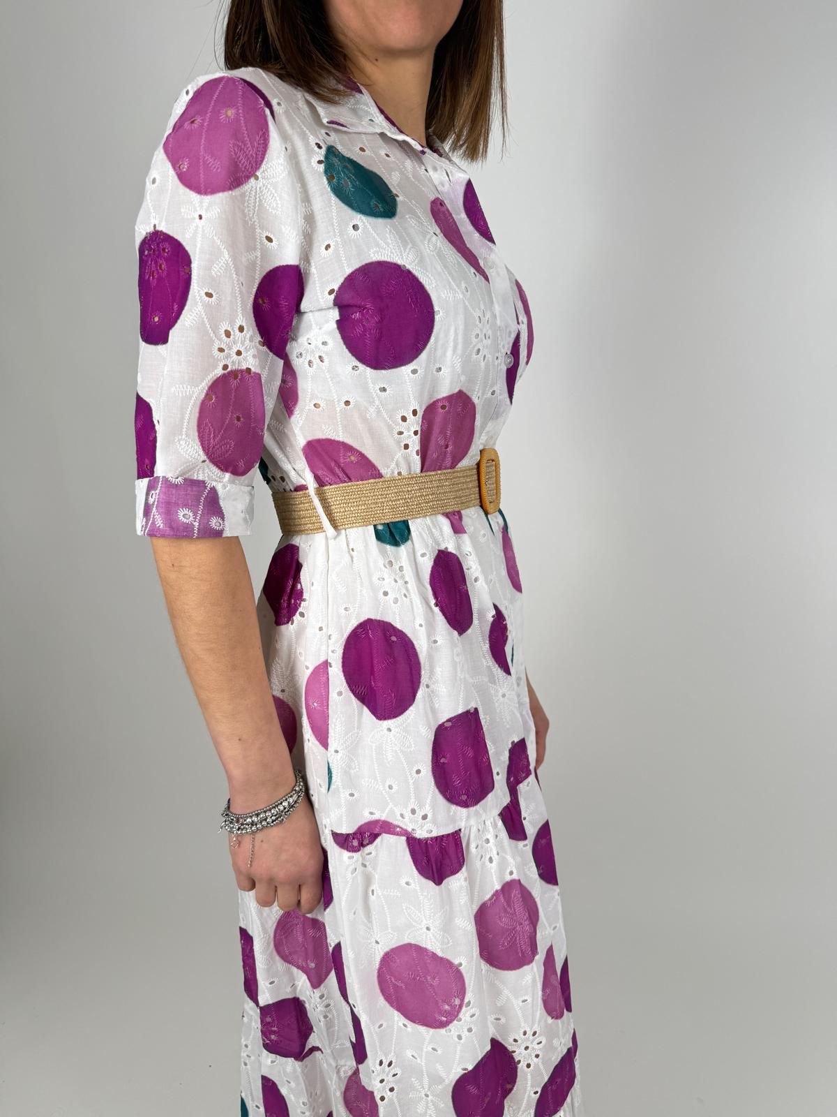 Abito Lungo Sangallo Stampato Pois Cintura Donna - Lolita