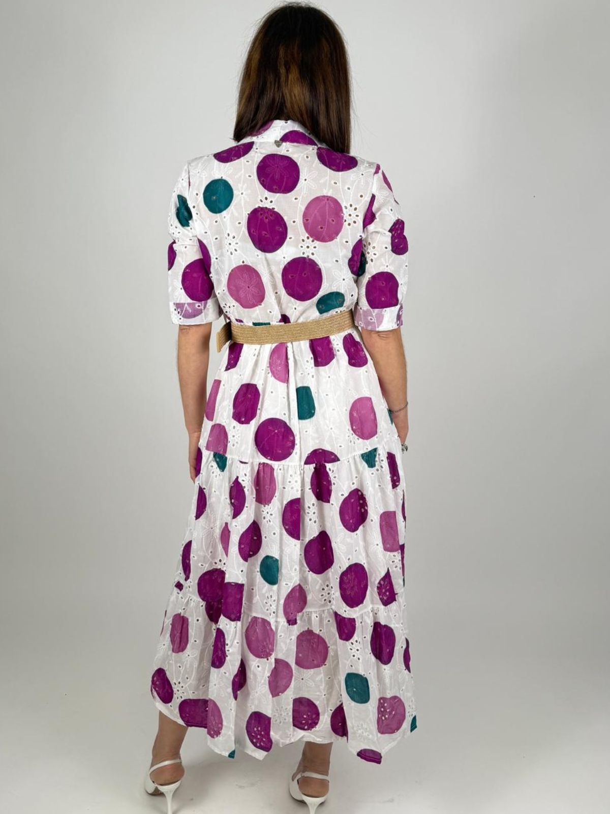 Abito Lungo Sangallo Stampato Pois Cintura Donna - Lolita