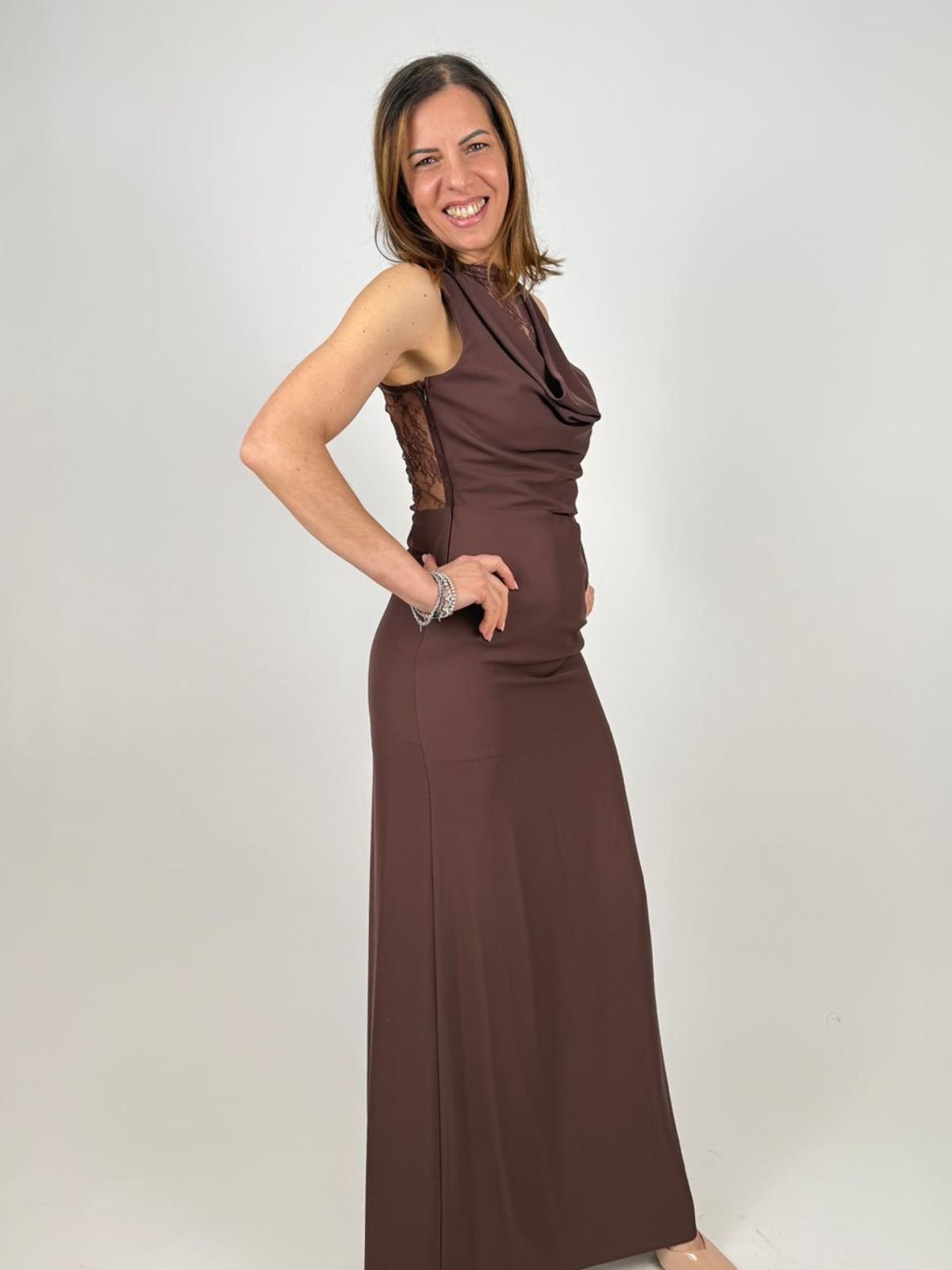 Rinascimento - Abito Lungo Scivolato In Tessuto Fluido Con Inserti In Pizzo - Donna - World Fashion