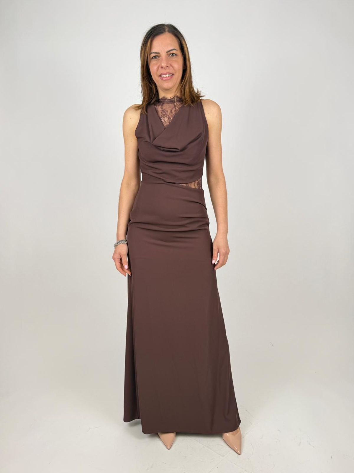 Rinascimento - Abito Lungo Scivolato In Tessuto Fluido Con Inserti In Pizzo - Donna - World Fashion