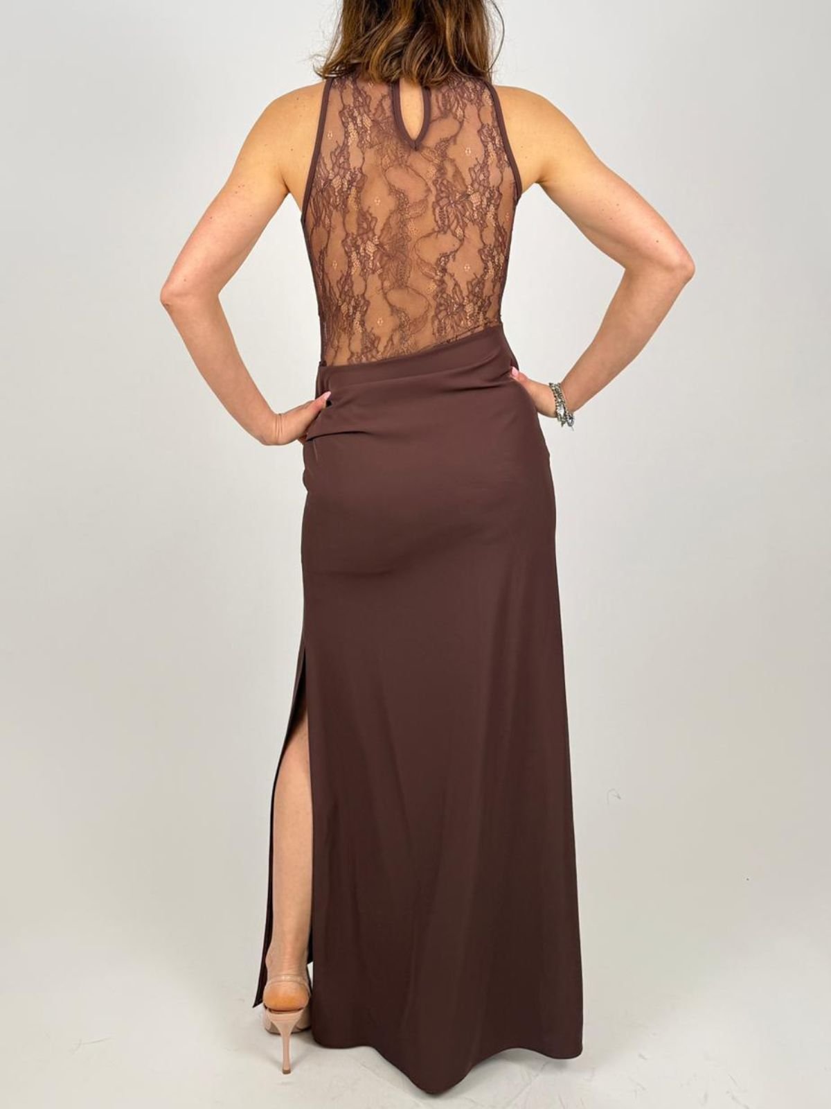 Rinascimento - Abito Lungo Scivolato In Tessuto Fluido Con Inserti In Pizzo - Donna - World Fashion