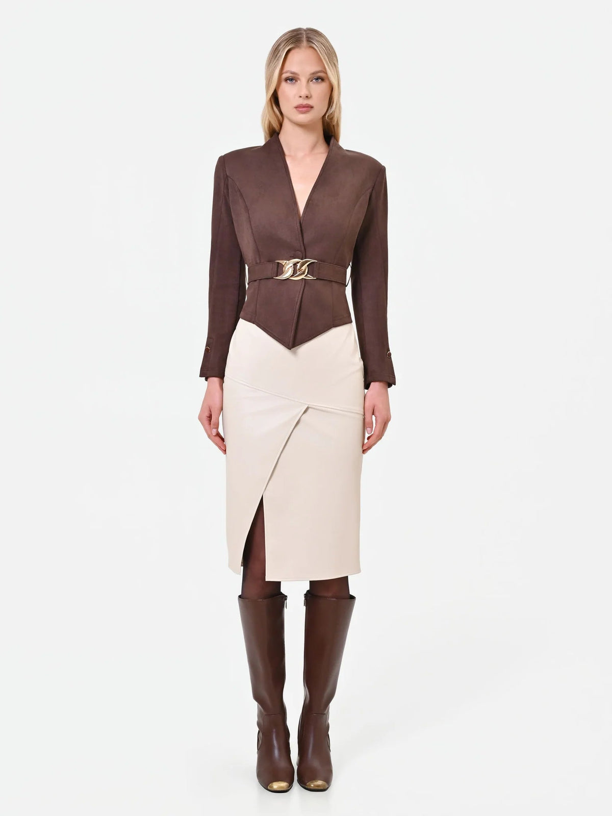 Rinascimento - Giacca Marrone con Foulard Effetto Camoscio - Donna - World Fashion