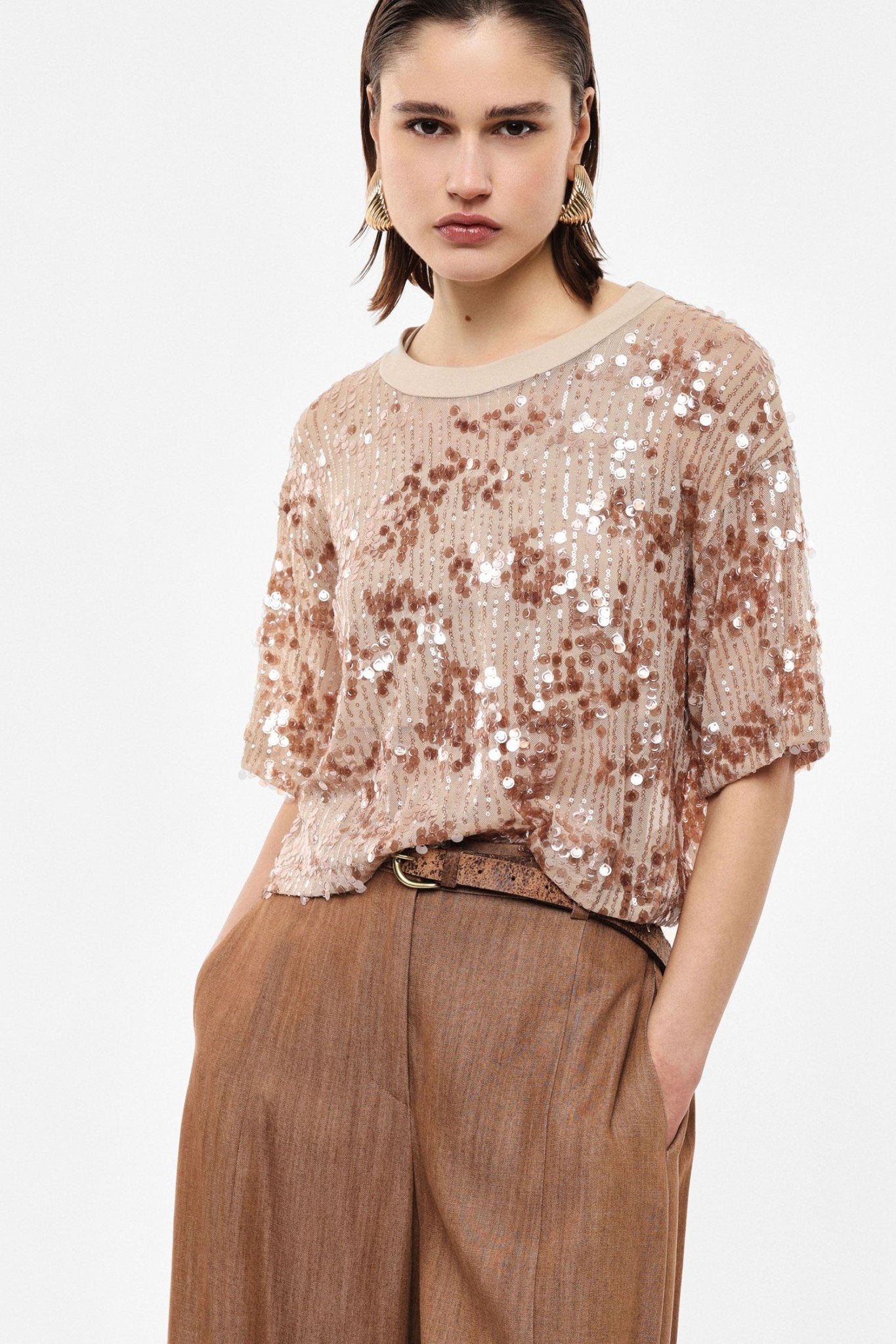 T-shirt girocollo maniche corte con paillettes Donna - Imperial - World Fashion