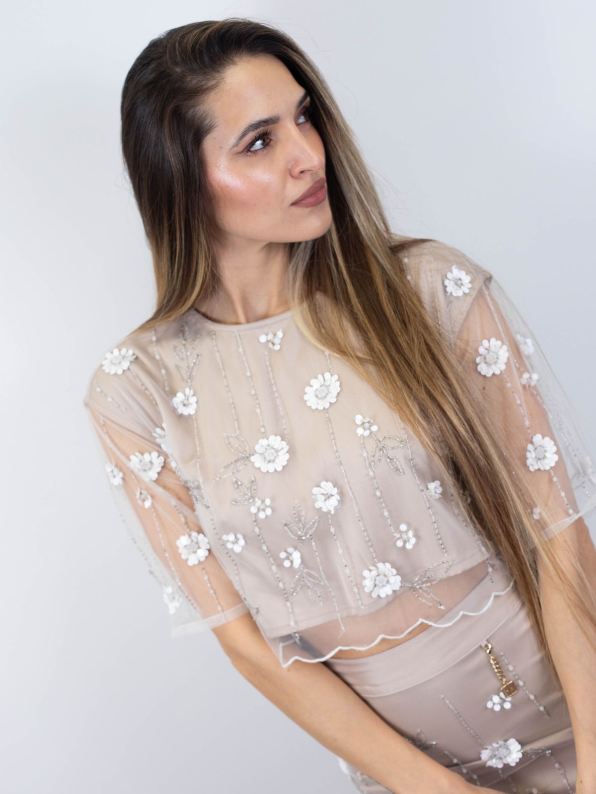 Top cropped in tulle con fiori e strass applicati Donna - Fracomina - World Fashion