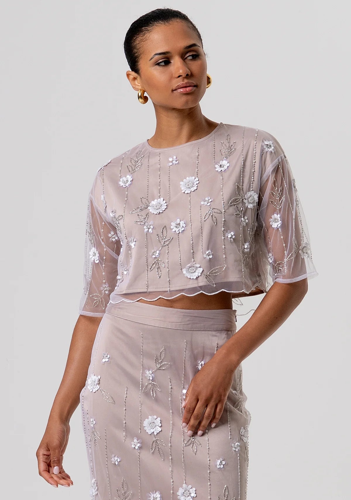 Top cropped in tulle con fiori e strass applicati Donna - Fracomina - World Fashion