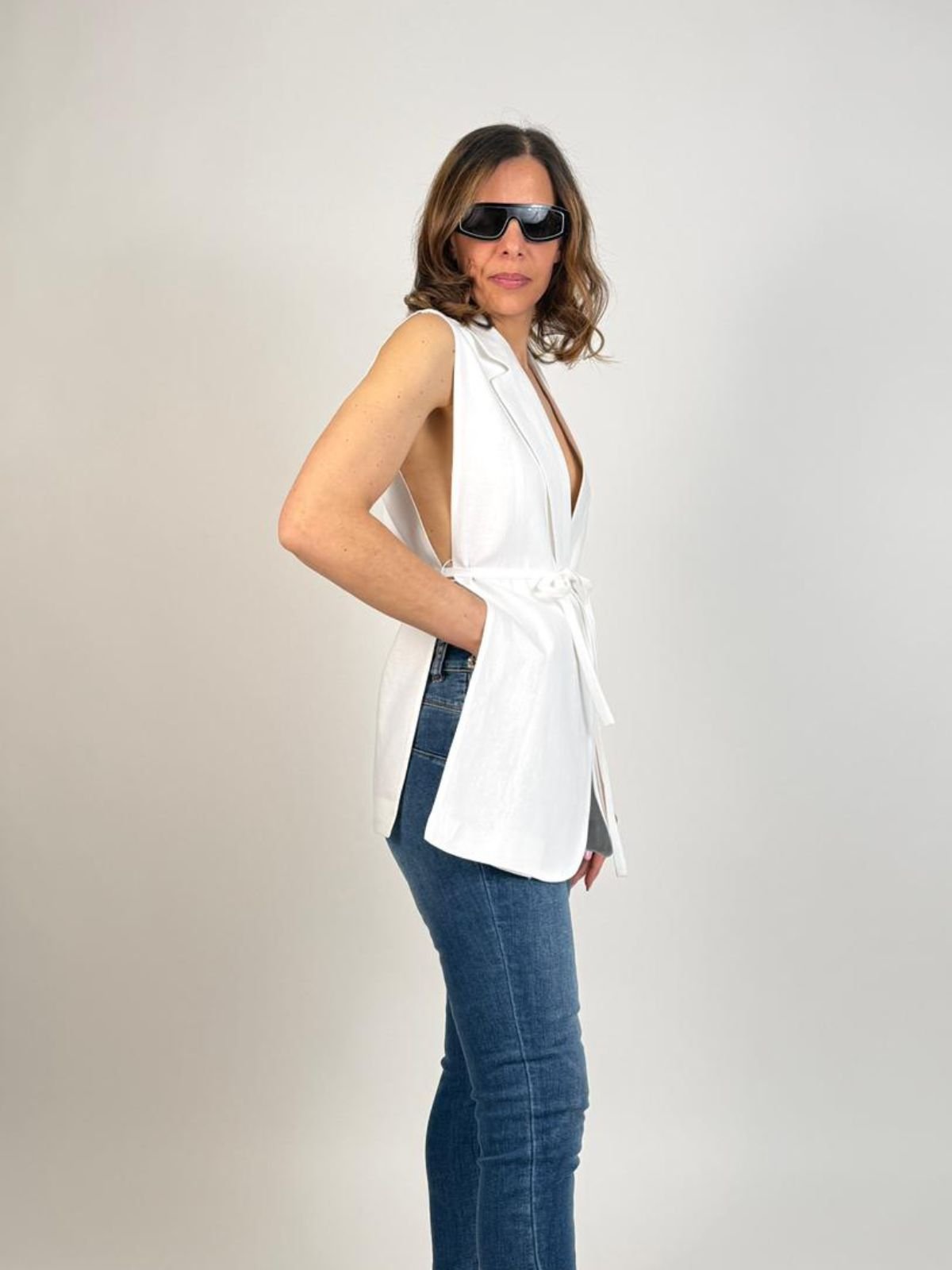 Vicolo - Gilet Lungo con Cintura 100% Lino - Donna - World Fashion