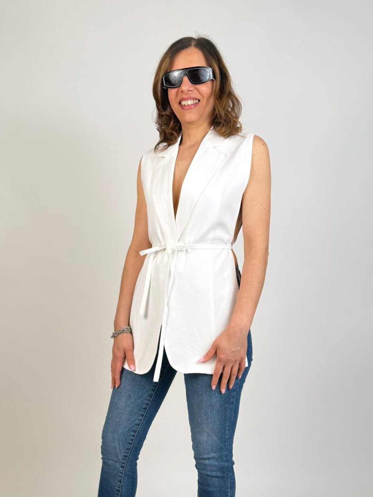 Vicolo - Gilet Lungo con Cintura 100% Lino - Donna - World Fashion