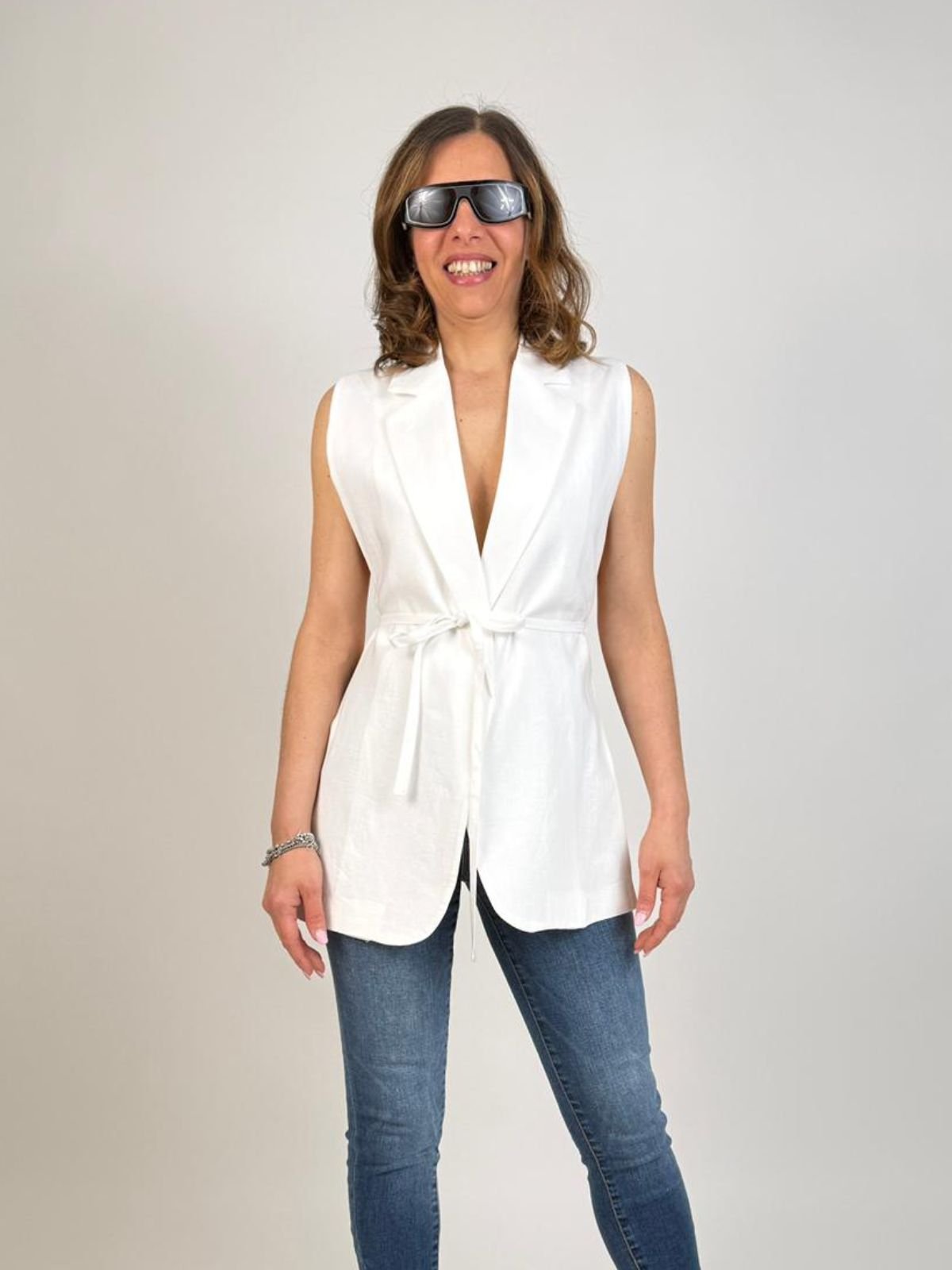 Vicolo - Gilet Lungo con Cintura 100% Lino - Donna - World Fashion