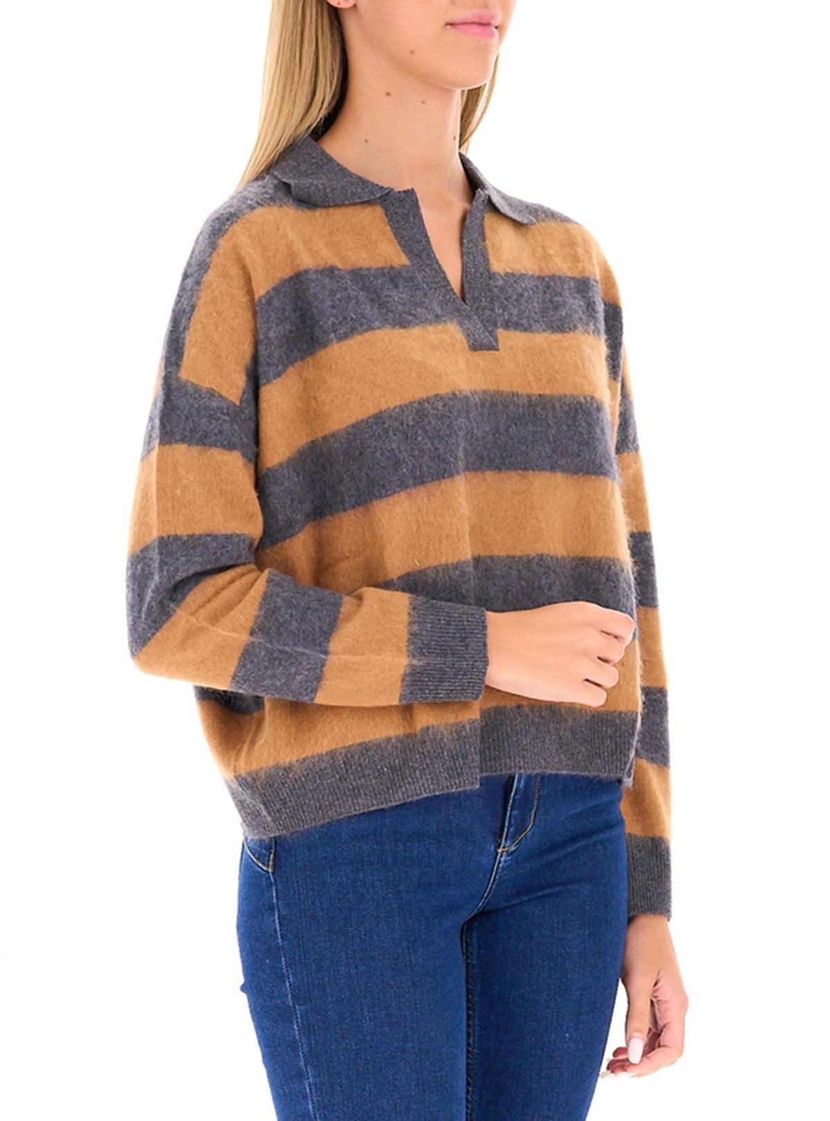 Vicolo - Maglia a polo in lana garzata a righe - Donna - World Fashion