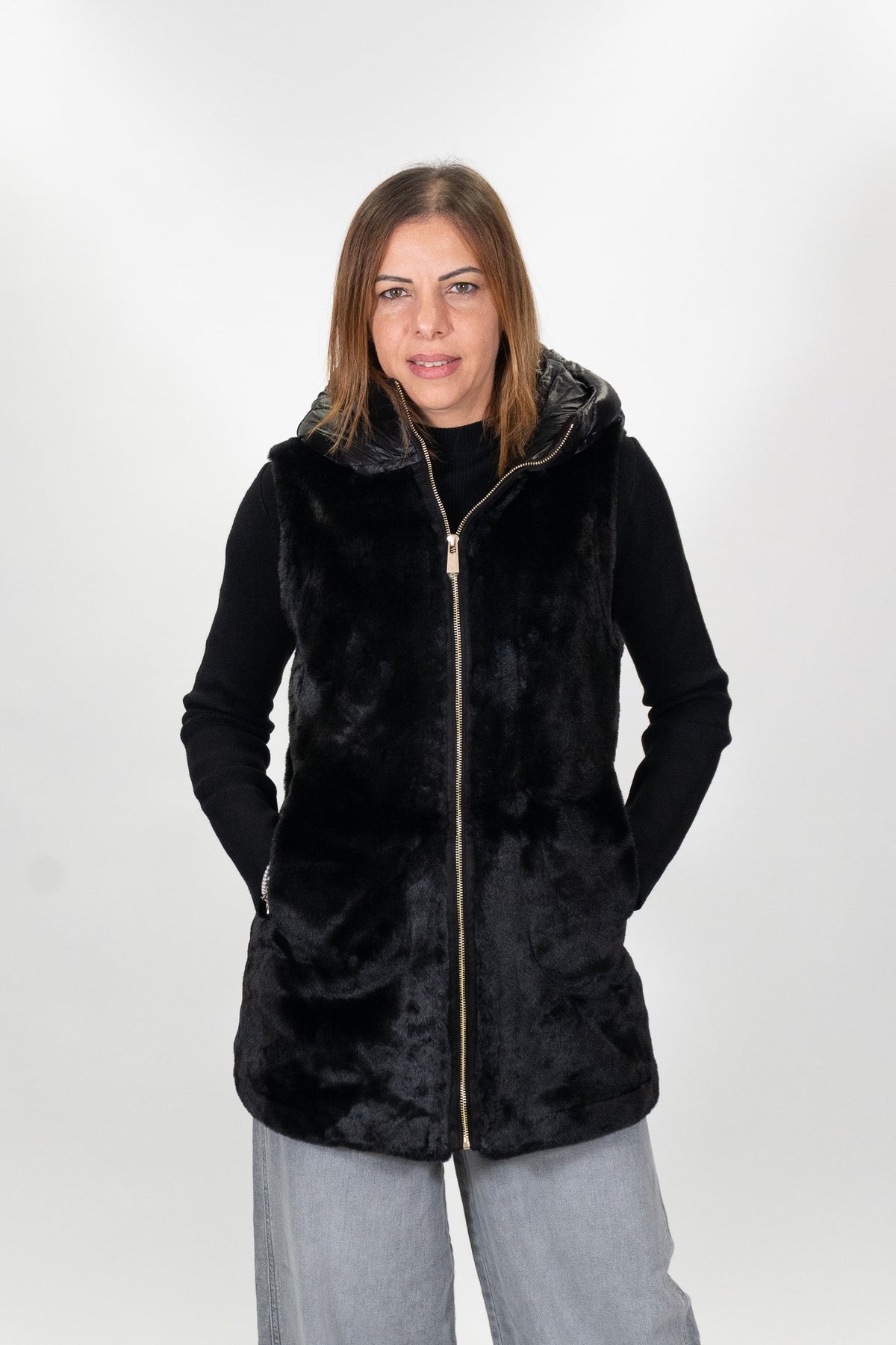 Yes Zee - Gilet con cappuccio in ecopelliccia - Donna - World Fashion