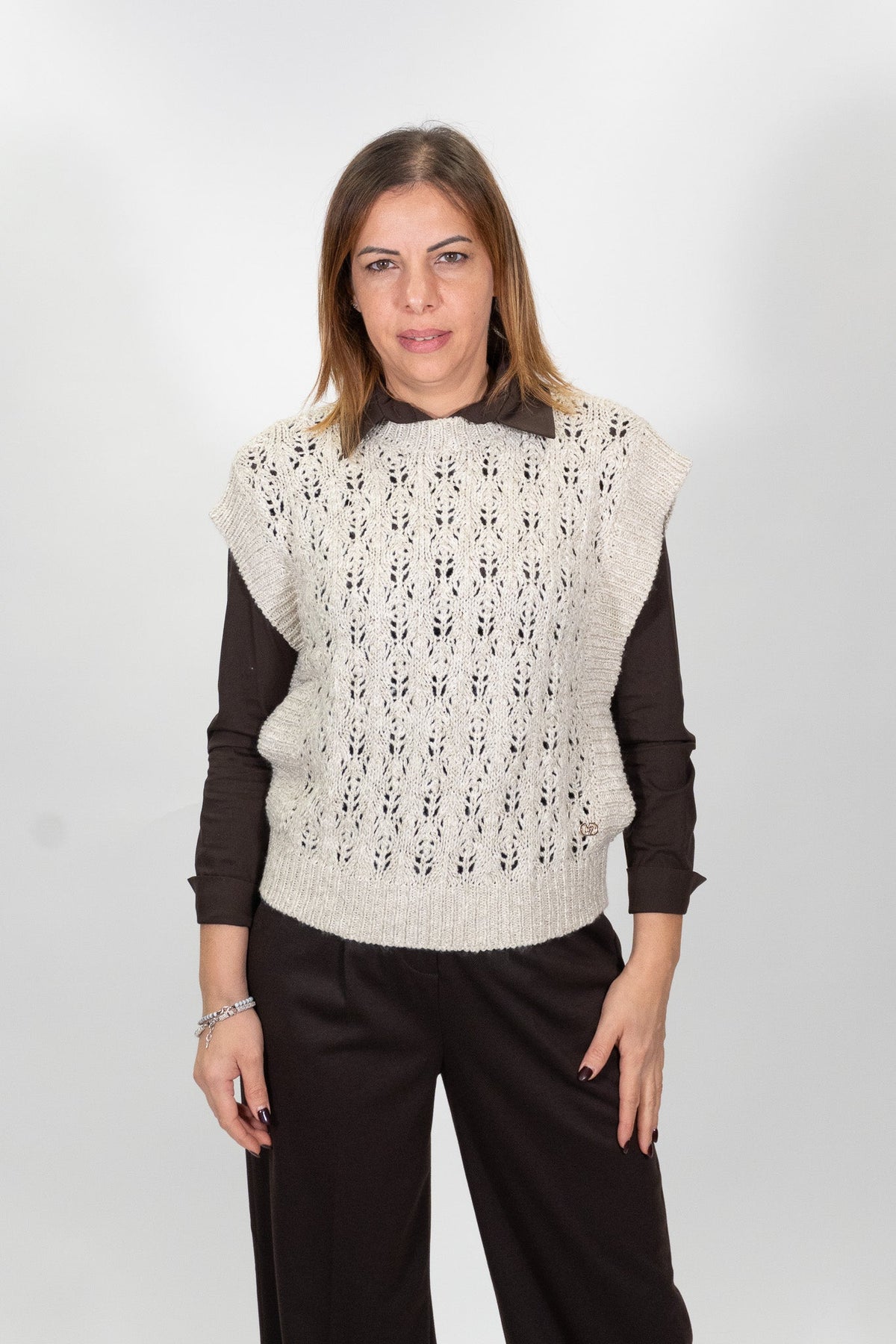 Yes Zee - Gilet In Maglia Ad Effetto Crochet +Lurex - Donna - World Fashion